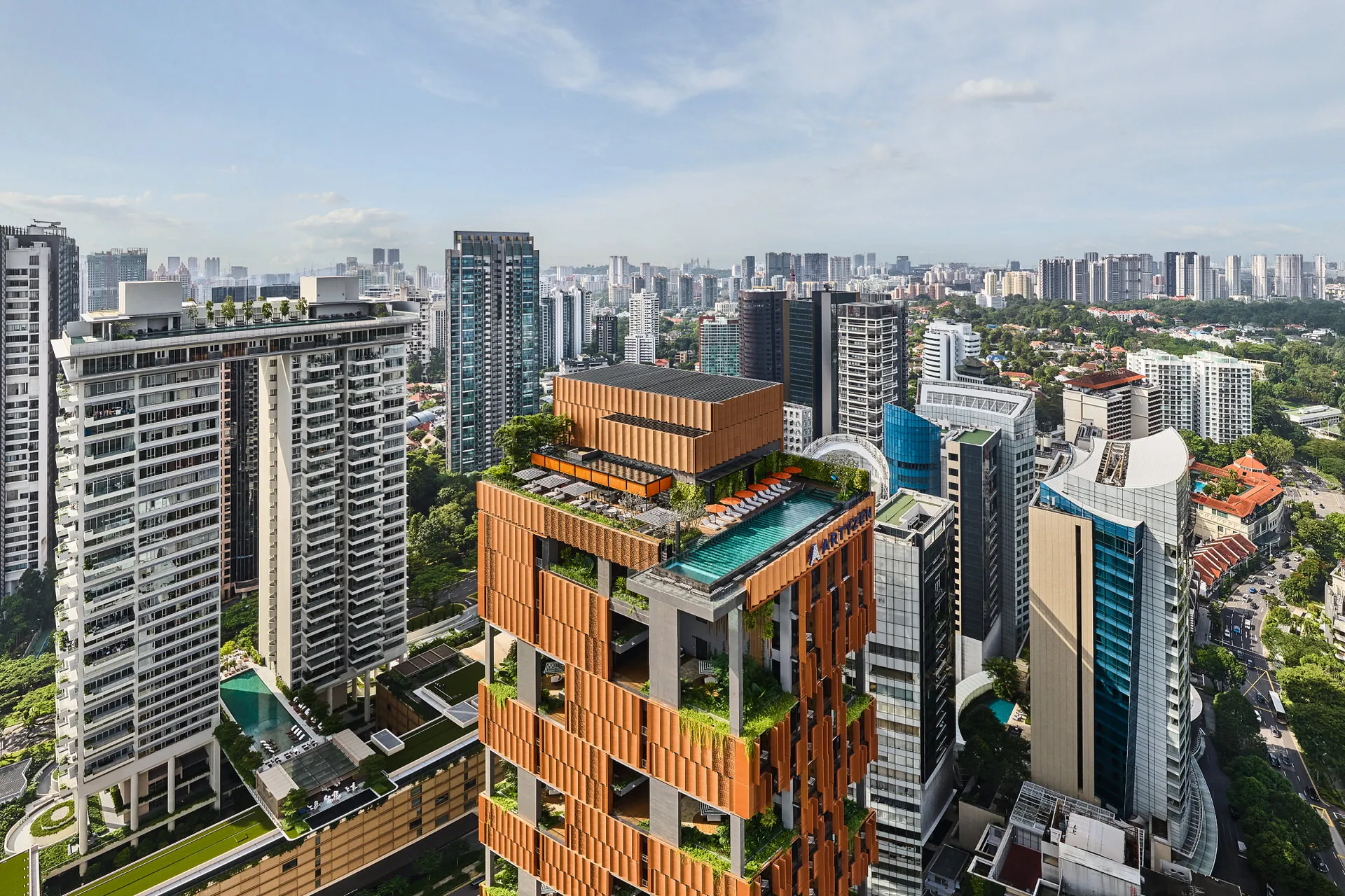 Full tower with staggered blocks, pool terrace and biophilic balconies — Artyzen Singapore Orchard Road drone photography