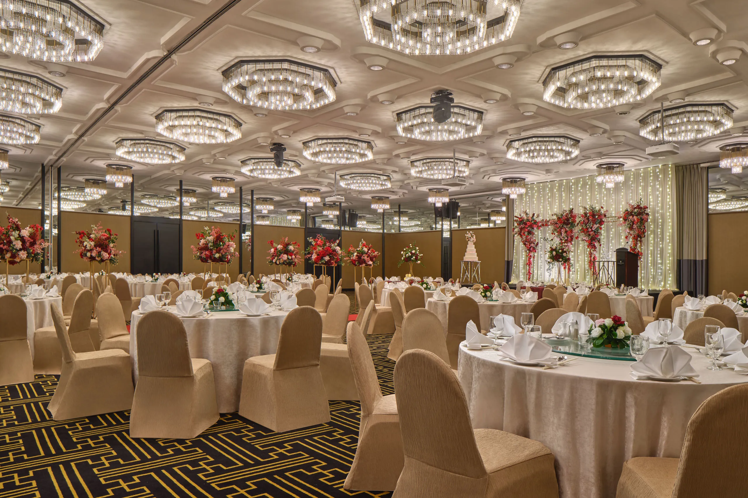 Side view of the Scarlett wedding setup at Concorde Singapore Hotel ballroom."