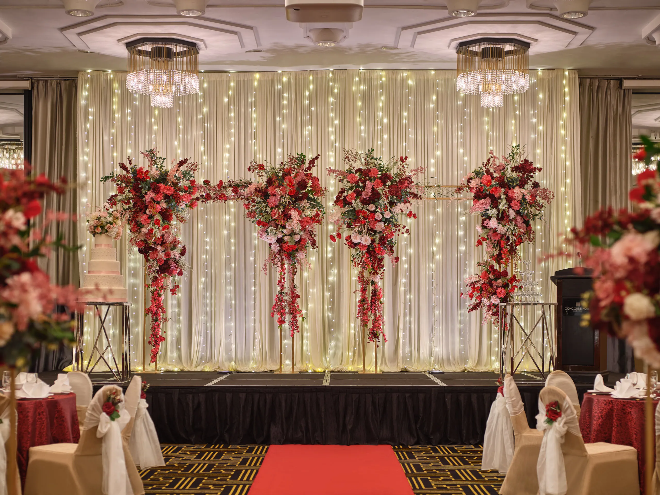Stage view of the Rosa wedding setup in Concorde Singapore Hotel ballroom.