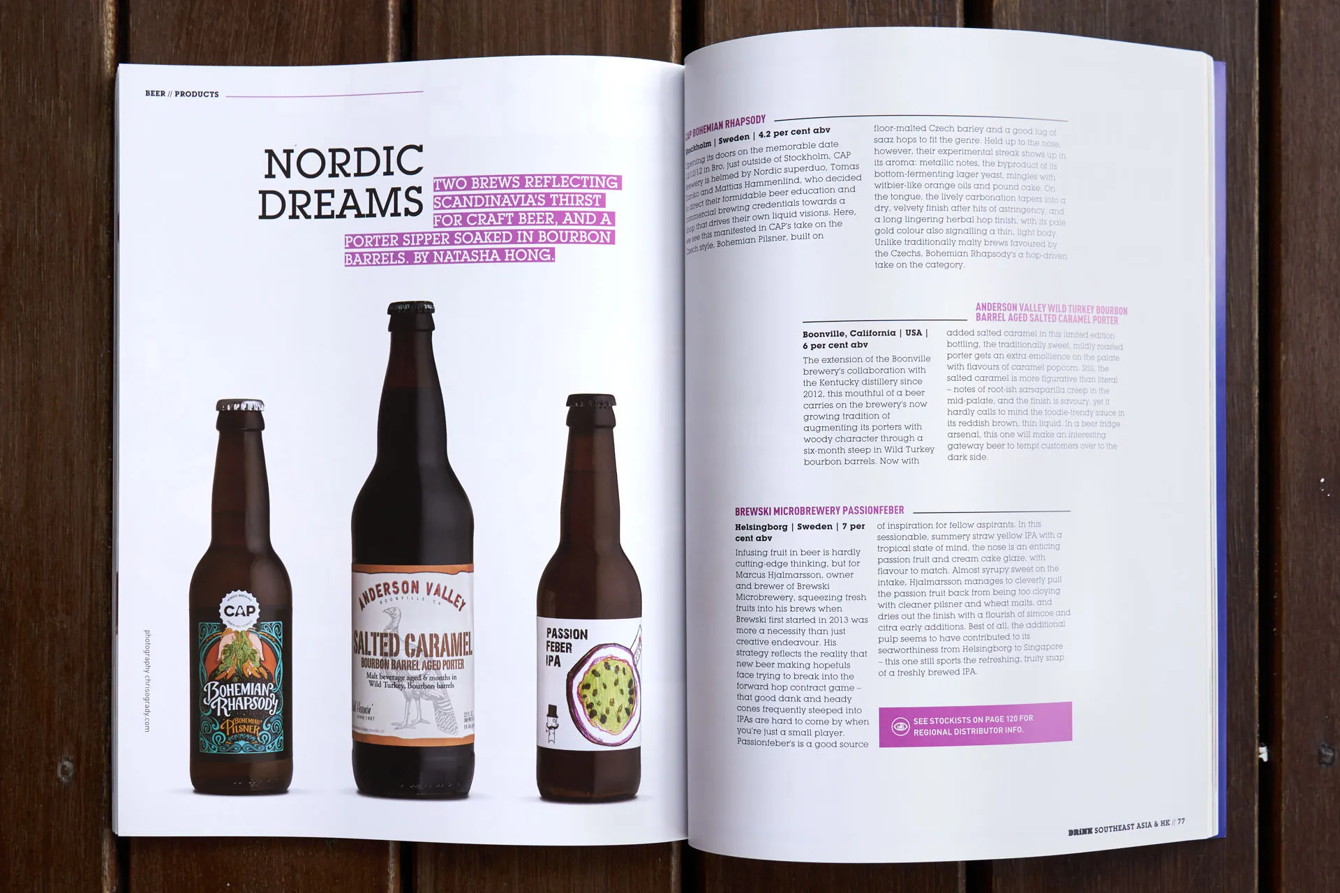 Nordic Dreams craft beer spread with three bottles and editorial layout — Drink Magazine beer photography