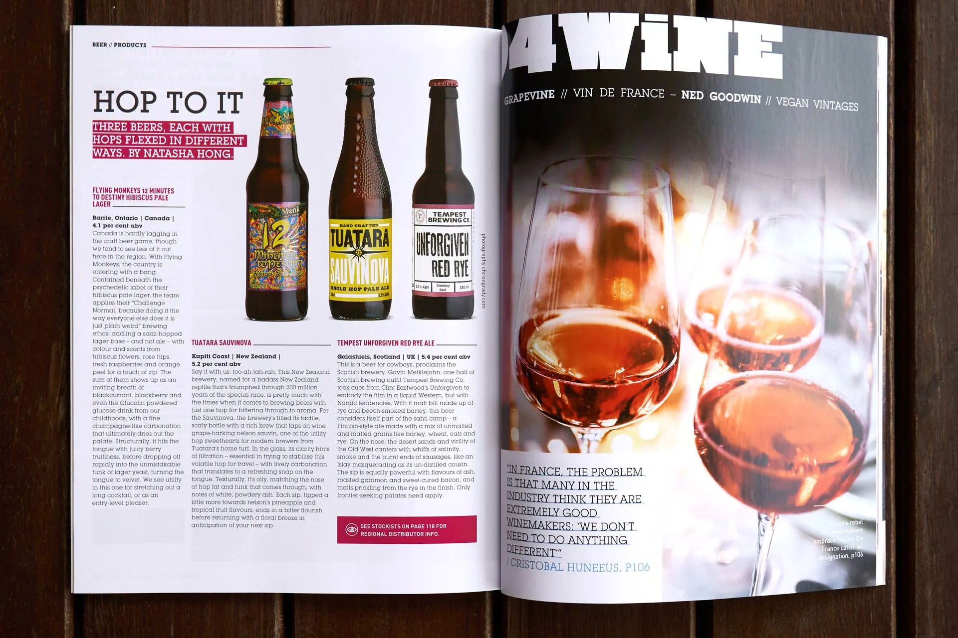 Craft beer editorial spread with bottle lineup and magazine layout — Drink Magazine beer product photography