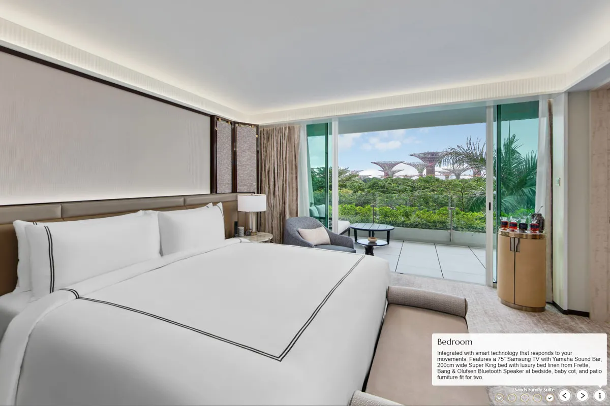 Family Suite king bedroom with balcony and Gardens by the Bay view at Marina Bay Sands hotel virtual tour
