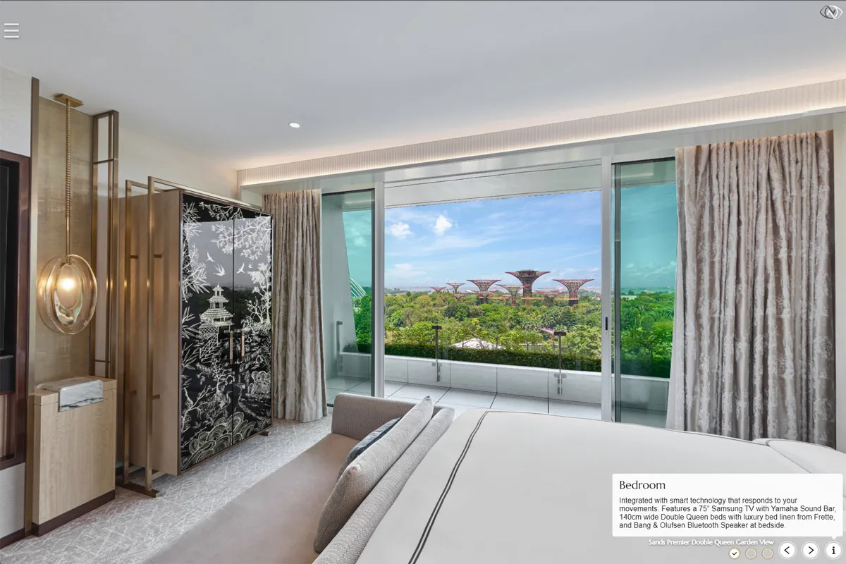 Premier Double Queen bedroom with Gardens by the Bay view at Marina Bay Sands hotel virtual tour