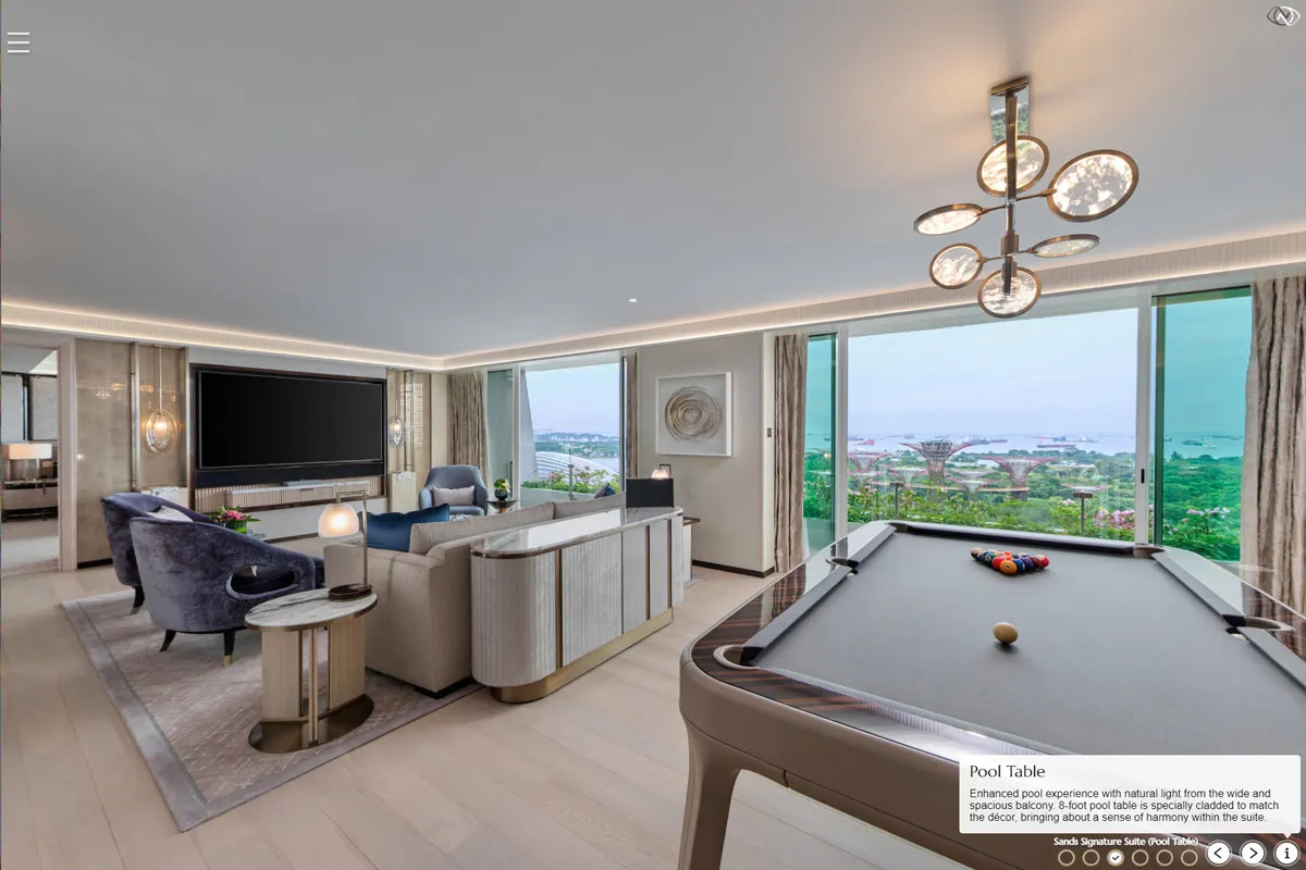 Signature Suite living room with pool table and garden views at Marina Bay Sands hotel virtual tour