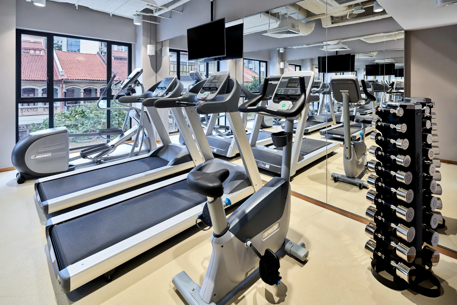 Fitness centre with treadmills, bike and dumbbell rack overlooking rooftops — Holiday Inn Express Serangoon hotel photography