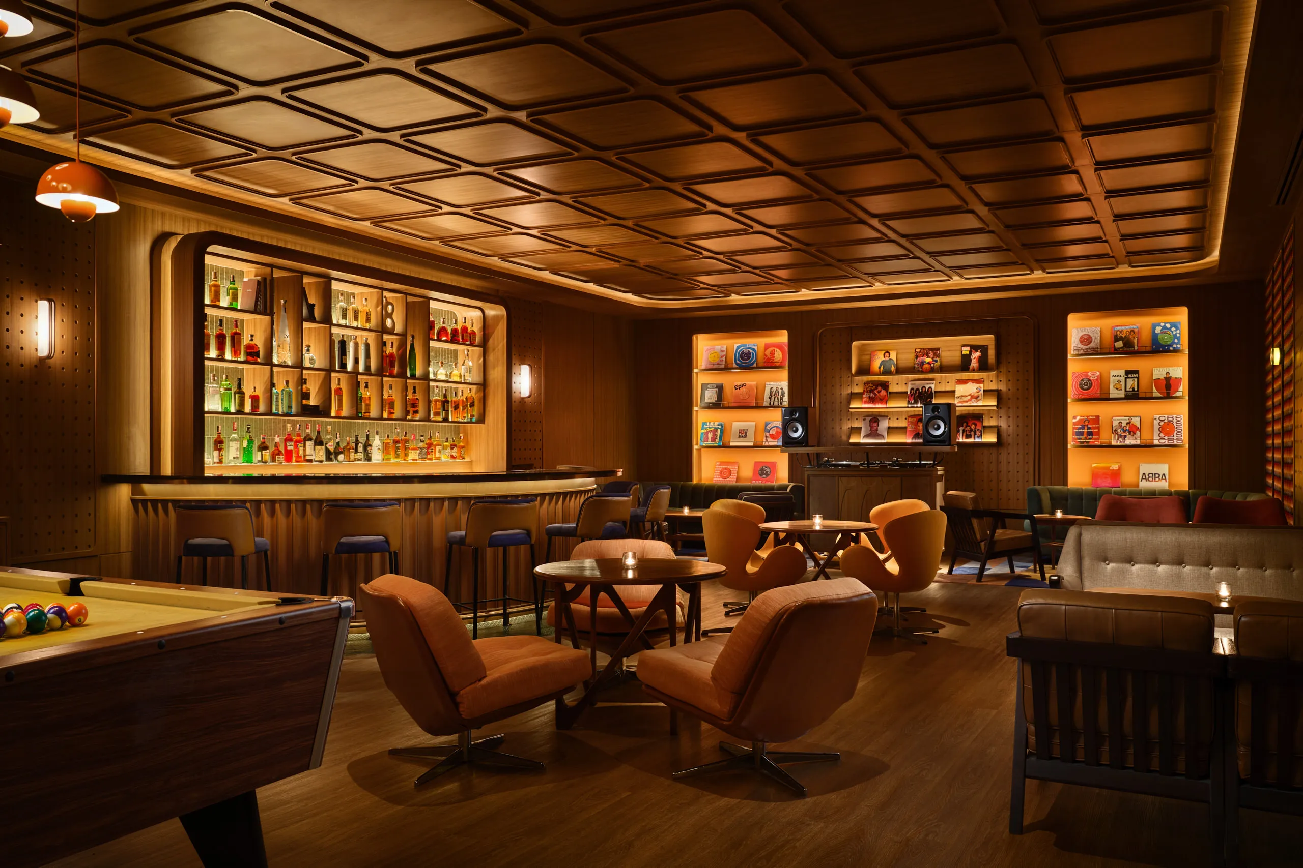 Overview of the whiskey room bar at APT 101, professionally photographed to highlight interior design and mood