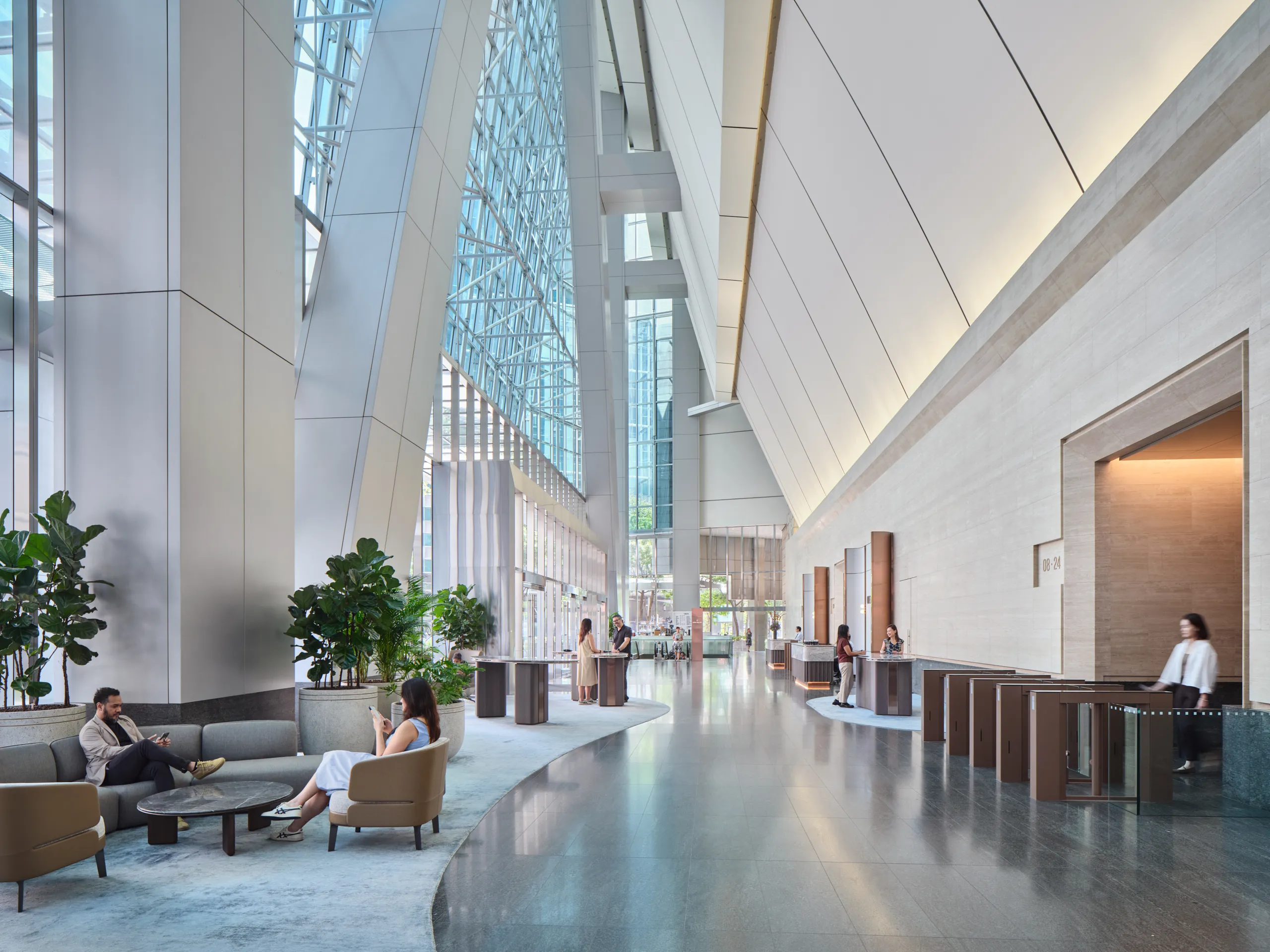 One Raffles Quay North Tower atrium lobby with tall glazed facade. Architectural photography for Gensler by Christopher O’Grady, Singapore.