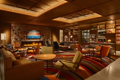 Colorful seating area inside the living room at APT 101, photographed by Christopher O'Grady for a regional hospitality interior design portfolio