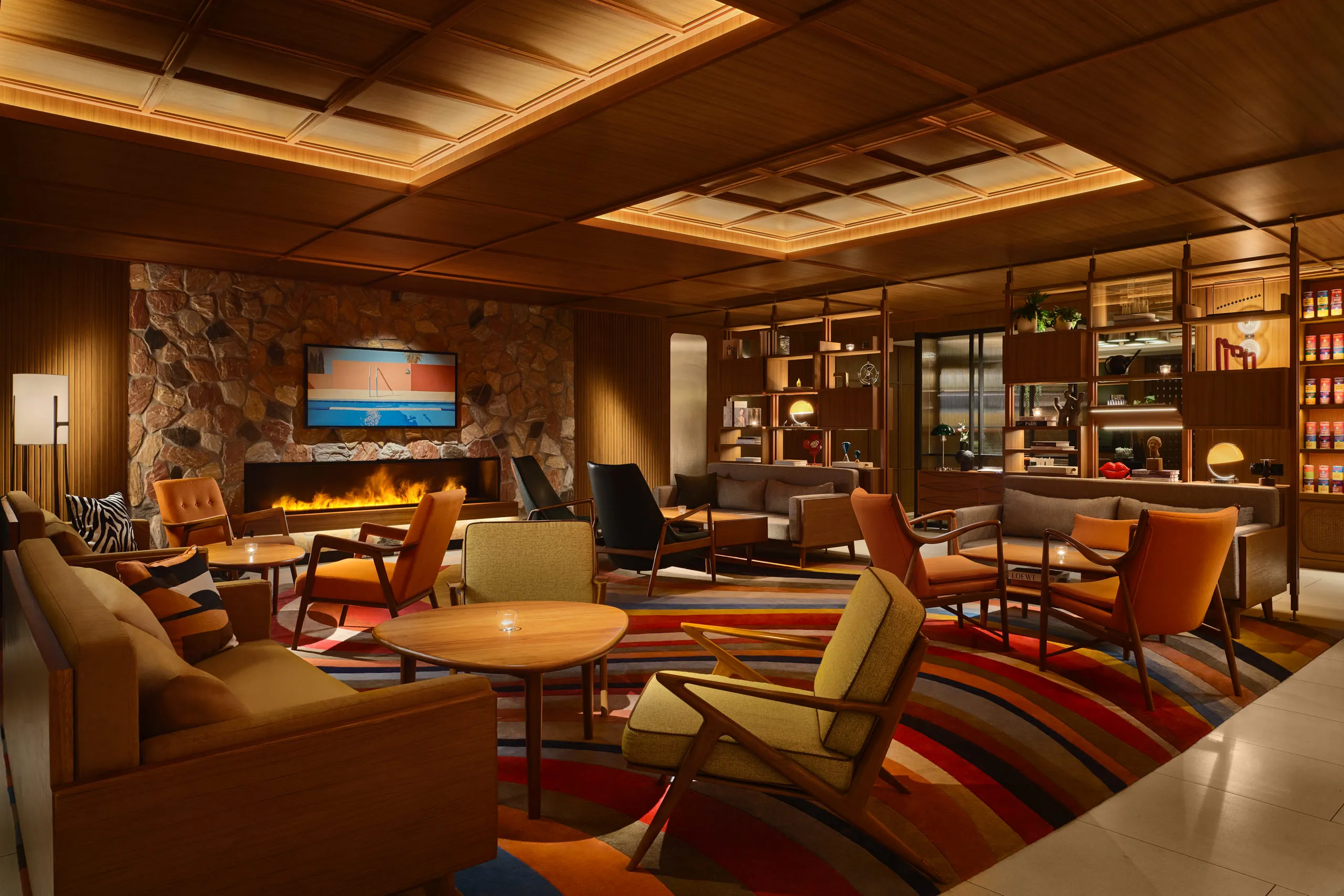 Colorful seating area inside the living room at APT 101, photographed by Christopher O'Grady for a regional hospitality interior design portfolio