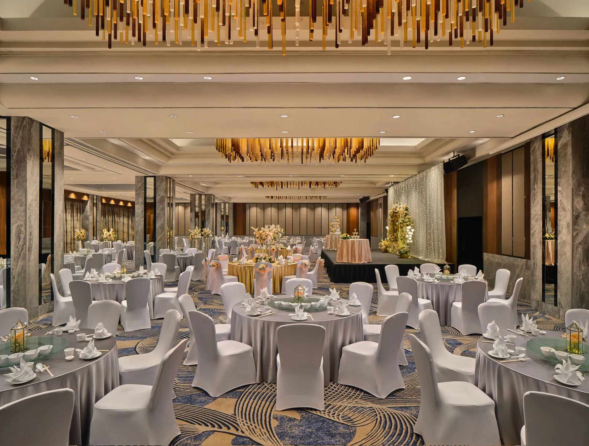 Grand Ballroom overview with chandeliers and banquet setup — voco Orchard Singapore ballroom virtual tour